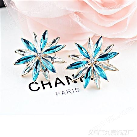 韩国饰品 欧美马眼水晶耳夹耳钉 进口大气款式耳夹 蓝色水晶耳钉