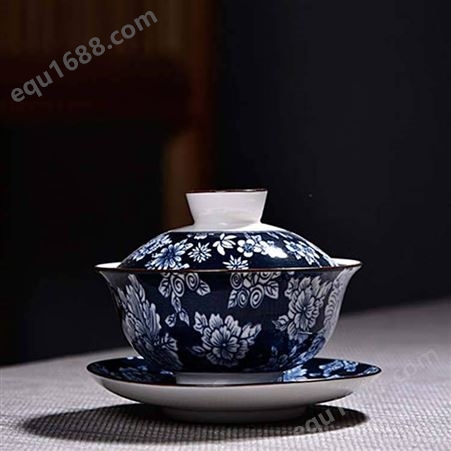 陶瓷创意盖碗茶杯 青花釉下彩敬茶碗套装 中式手抓壶手绘泡茶杯