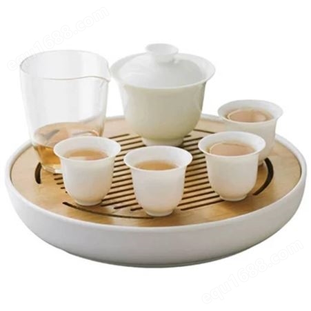 家用日式竹制托盘功夫茶具 创意圆形陶瓷茶盘 简约茶具快客杯
