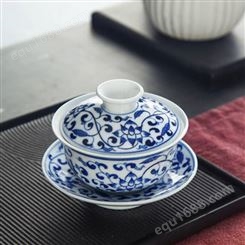 中式创意盖碗泡茶杯 青花手绘茶碗 白瓷功夫三才碗茶具