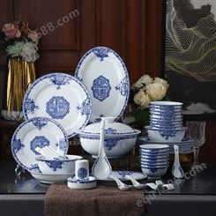 56头白瓷青花福禄寿喜餐具套装 家用陶瓷餐具定制可一件代发