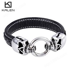 kalen 2016新款欧美潮流时尚钛钢骷髅头皮手链不锈钢男款手链