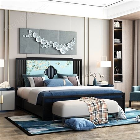 新中式床样板房轻奢软包床精选 1.8米酒店双人主卧禅意现代简约实木床定制