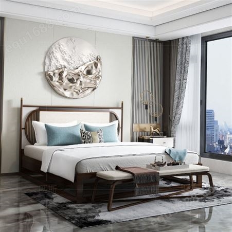 新中式白蜡木 实木床双人床设计 现代简约酒店别墅样板间婚床1.8米1.5m