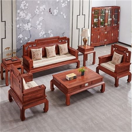 01802红木家具 非洲花梨（学名：刺猬紫檀）中式实木国色天香沙发组合 原木轻奢舒适型沙发