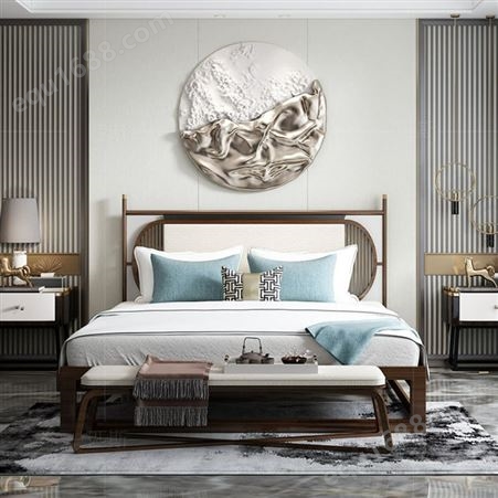 新中式白蜡木 实木床双人床设计 现代简约酒店别墅样板间婚床1.8米1.5m