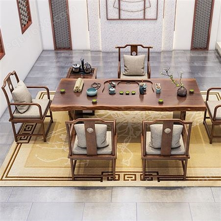 实木大板茶桌椅组合 新中式泡茶桌 茶盘办公室泡茶2米8实木原木茶台